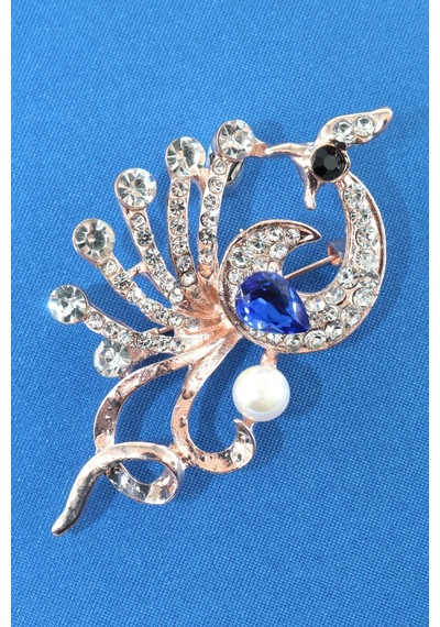 Yeniden Doğuşun Hikayesi Anka Kuşu Broş Gold Renk Safir Mavi Zirkon Taşlı İncili Kadın Yaka İğnesi Çok renkli
