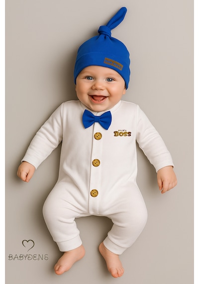 Babyden's Mini Boss Erkek Bebek Papyonlu Şapkalı Tulum Seti %100 Pamuk Hastane Çıkışı Saks Mavi