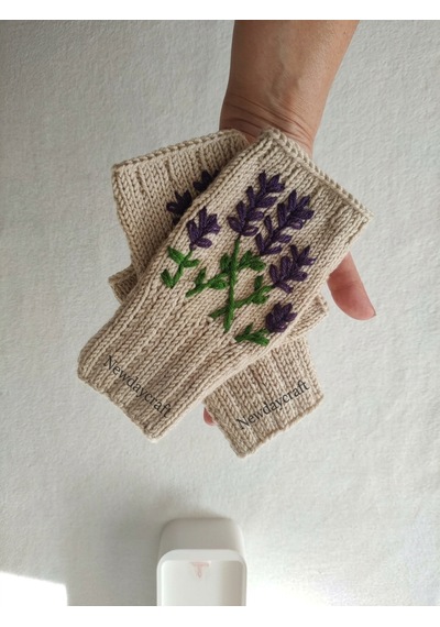 Newdaycraft Parmaksız El Örgü Eldiven - Bej / Lavanta