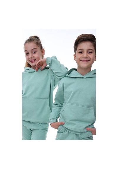 Zuzunga Basic Kapüşonlu Şardonlu Kanguru Cep Detaylı Çocuk Sweatshirt 3-10 Yaş Su Yeşili