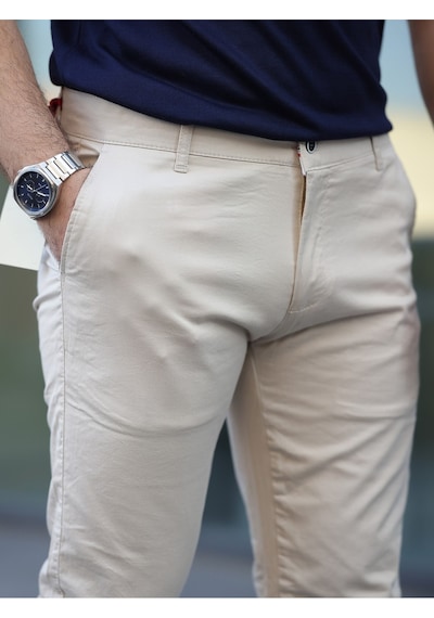 Slim Fit Chino Keten Pantolon Krem