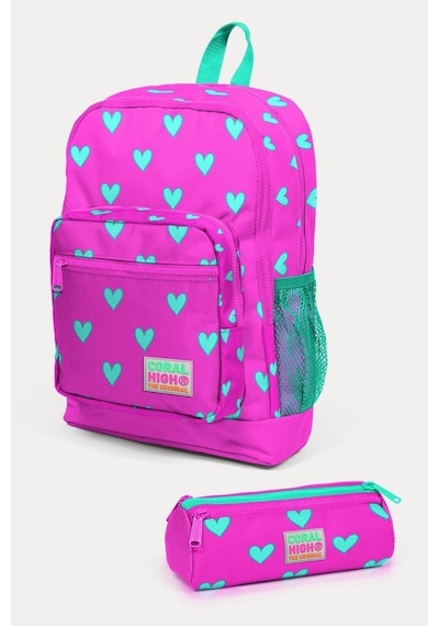 Coral High Kids Neon Pembe Su Yeşili Kalp Desenli 2'li Okul Çanta Seti - Kız Çocuk