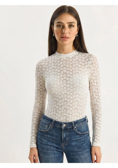 Shade Kadın Uzun Kollu Yarım Balıkçı Yaka Transparan Tül Dantel Bodysuit 1034 60283930 - Beyaz