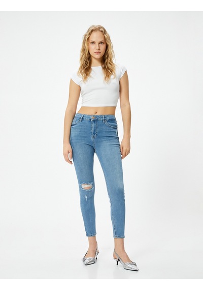 Koton Dar Kesim Yüksek Bel Kot Pantolon Yıpratmalı Esnek Cepli Pamuklu - Carmen Skinny Jeans Açık İndigo 4sal40060md Açık İndigo