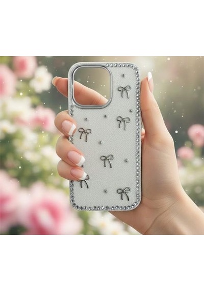 Apple Uyumlu iPhone 15 Fiyonk Figürlü Simli İnci Taşlı Lüx Silikon Kılıf Gri