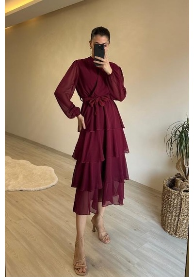 Neşeli Butik Kadın Kat Kat Volanlı Kuşaklı Midi Şifon Elbise Nm004 Bordo