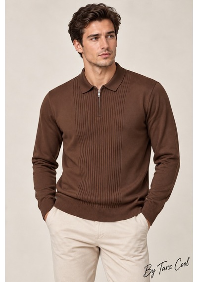 Cool Tarz Erkek Polo Yaka Yarım Fermuarlı Önü Fitilli Slim Fit Akrilik Pamuk Triko Kazak Kahverengi Kahverengi Cool Tarz Erkek Polo Yaka Yarım Fermuarlı Önü Fitilli Slim Fit Akrilik Pamuk Triko Kazak Kahverengi Kahverengi