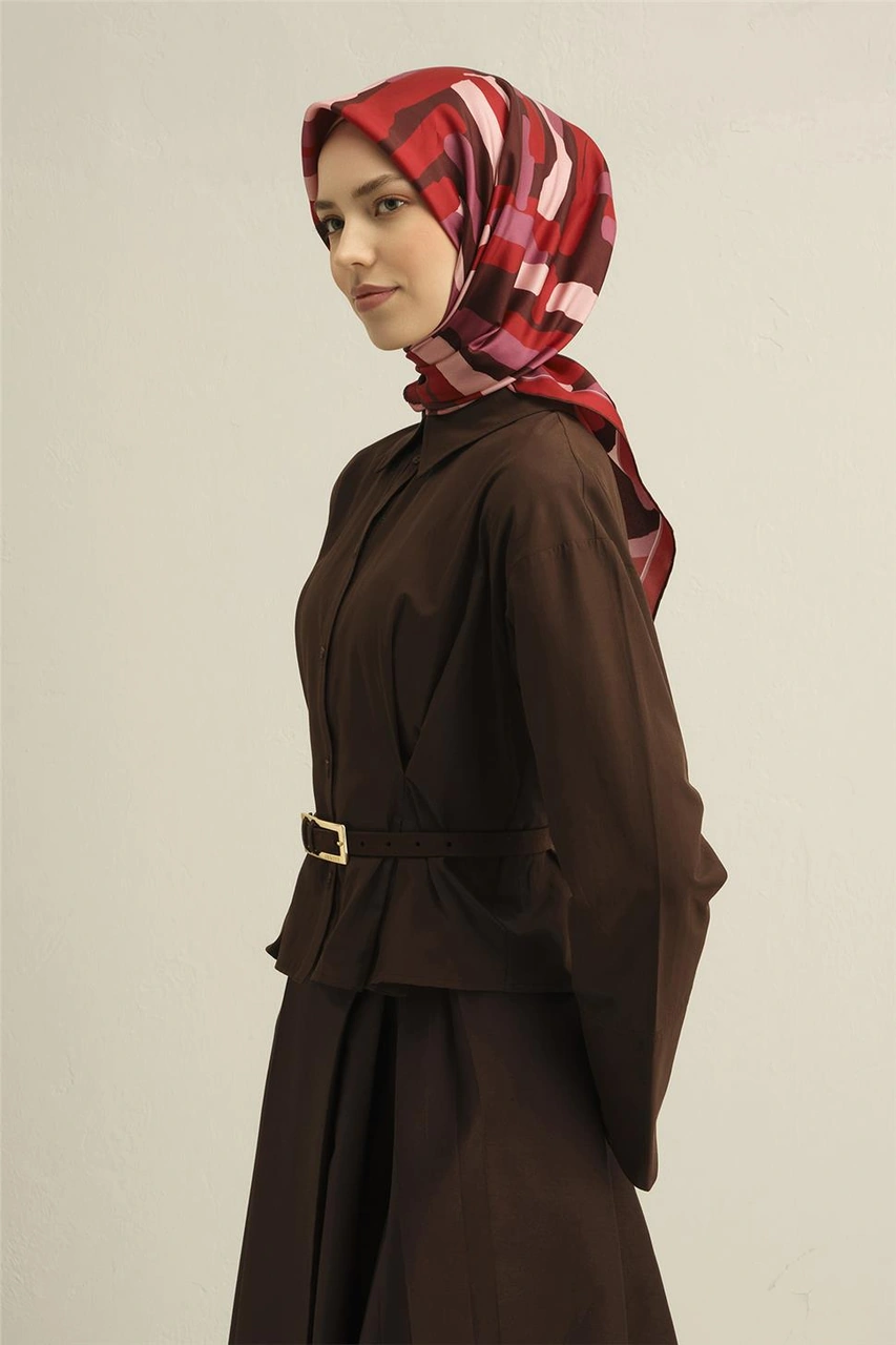 Armine Geometrik Desenli Saf İpek Twill Eşarp 9303d 83 Bordo