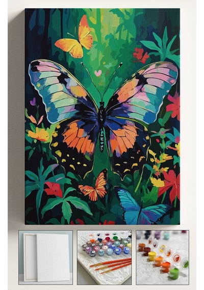 Sayılarla Boyama Seti Numaralı Tuval Fırça Boya Dahil Kasnaklı Set 40x50 Cm - Orman Kelebek
