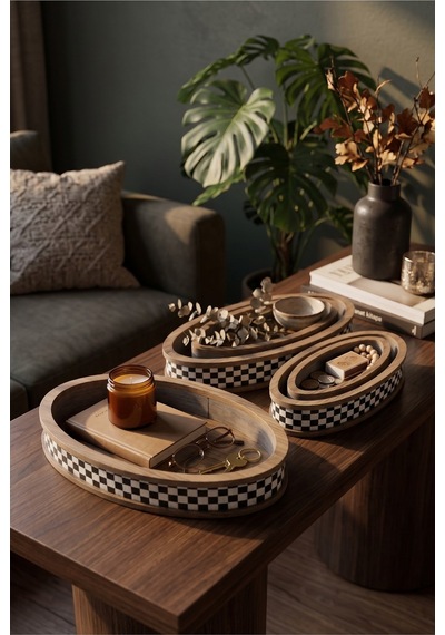 4 Adet Modern Pötikare Damalı Ahşap Oval Sunum Organizer Tepsi Seti Diğer