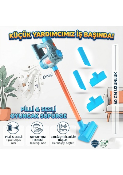 Oyuncak Süpürge Pili Sesli 3 Başlıklı 60 Cm Süpürge 001