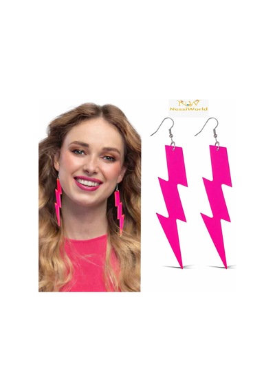 80 Ler 90&amp 39 Lar Retro Neon Pembe Şimşek Küpe 10 Cm