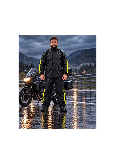 Vatan Tekstil Su Geçirmez Dik Yaka Motorcu Yağmurluk Pantolon Takımı Paçası Lastikli Siyah