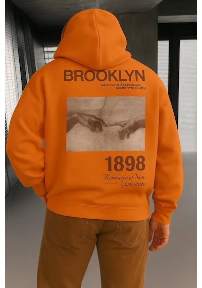 Benroma 3 İplik Penye Brooklyn Baskılı Sweatshırt Turuncu
