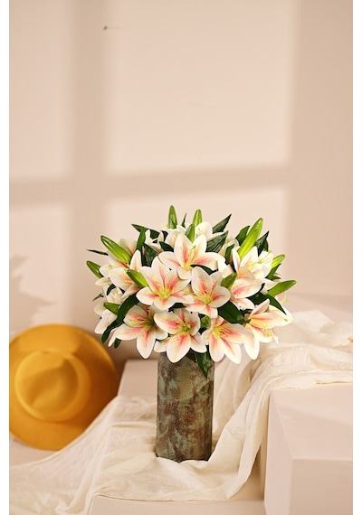 Somon Yapay Zambak Çiçeği Dallı Premium Canlı Islak Dokulu 45 Cm