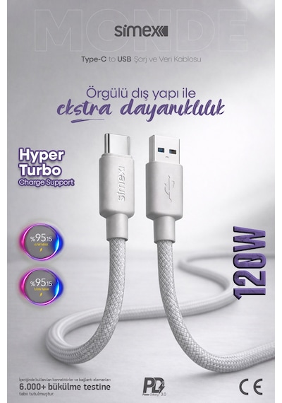 Simex 120w/67w/33w Usb To Type-c Ultra Turbo Hızlı Şarj Kablosu Xiaomi Uyumlu, Gri, 1 Metre
