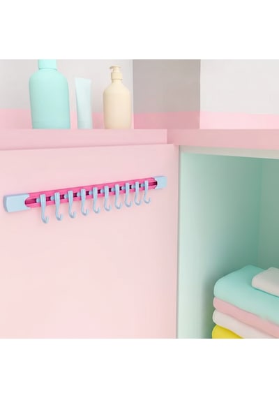 Yapışkanlı Portatif, Mobilya, Duvar, Dolap, Banyo Organizer Askılık, 10 Kancalı, 30 Cm, Pembe