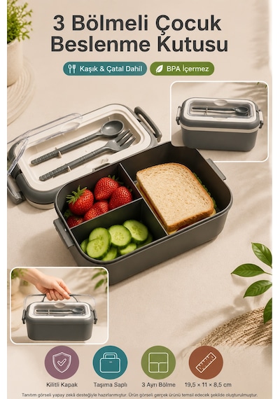 Antrasit 3 Bölmeli Çocuk Beslenme Kutusu Kaşık Çatal Dahil Kilitli Kapaklı Taşıma Saplı Lunch Box