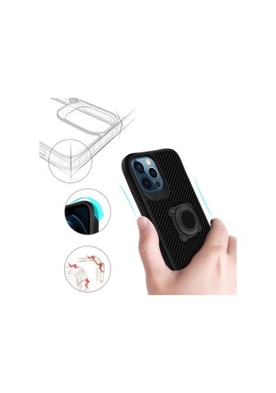 Apple Uyumlu iPhone 12 Pro Max Kılıf Yüzüklü Karbon Koruyucu Kapak