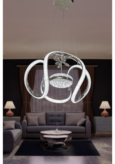 Dünya Eliza Simli Slikonlu Tek Toplu Modern Oturma Led Avizesi - Kumandalı / Krom Krom