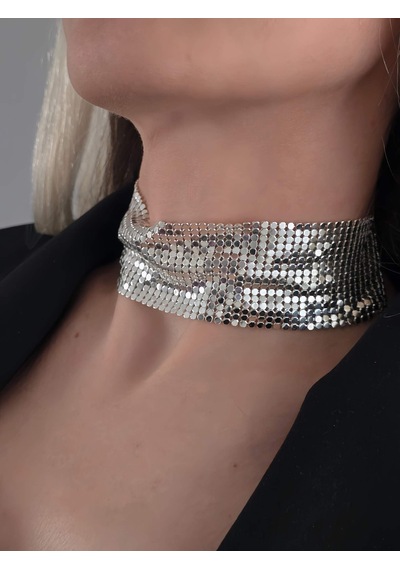 Arpa Pul Payet Zırh Metal Geniş Model Gümüş Choker Kolye Silver Çok Renkli