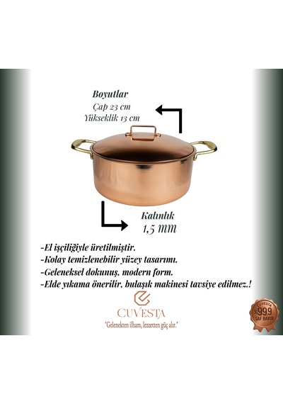 Cuvesta El Yapımı Kalın 1.5mm Bakır Tencere Modern 23 12cm
