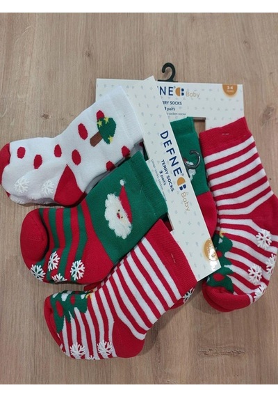 Defne Baby Kıpırık Baby 3 Çift Havlu Pamuklu Kışlık Yılbaşı Desenli Unisex Çocuk Ve Bebek Soket Çorap-459 ÇoK Renkli