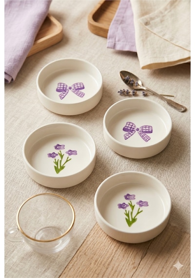 Lila Gift 4 Lü Seramik Kase Seti 10 Cm Çiçek Desenli Çerezlik Ve Sosluk Beyaz
