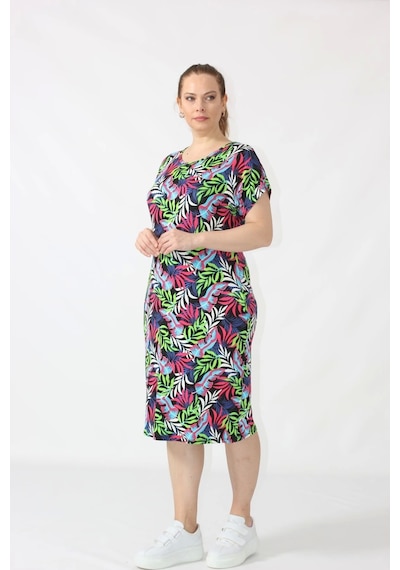 Moda Berray 3281 Çiçek Desenli Penye Kumaş Cepli Büyük Beden Mevsimlik Elbise Yeşil