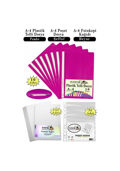 Telli Dosya Plastik A4 10 Lu Poşet Dosya 50 Li A4 Fotokopi Kağıdı 100 Adet 1 Paket Ekonomik Kaliteli Şeffaf Kapak Dosya Pembe