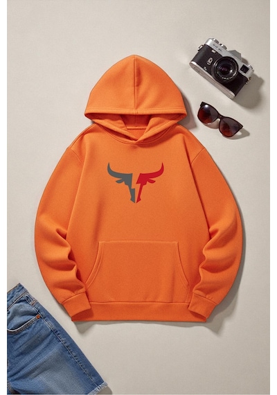 Uyguntarz Boğa Tasarım Baskılı Unisex Oversize Sweatshirt Turuncu