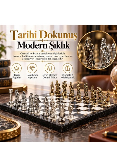 Lüks Metal Satranç Takımı Osmanlı Bizans Figürlü Krom Siyah Mermer Desenli 20x20 Premium Hediye Seti
