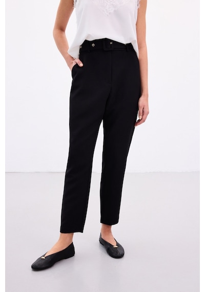 Sateen Kemerli Pantolon - Siyah-136908 siyah