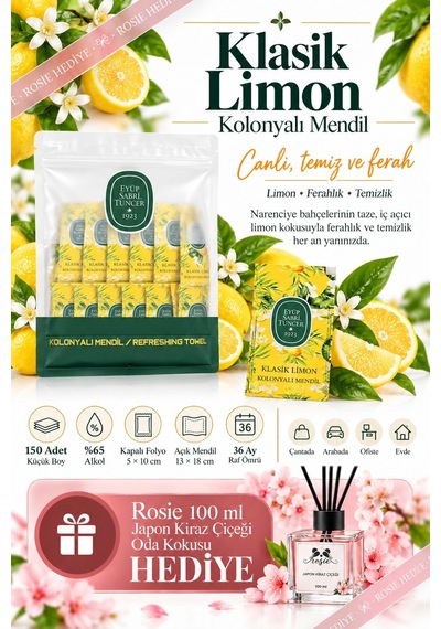 Eyüp Sabri Tuncer 150'li Kolonyalı Mendil 6'lı İmza Kokular Seti + Rosie 100 Ml Japon Kiraz Çiçeği Tekli