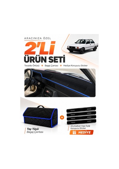 E-biz Renault 9 Spring 1991-1996 Uyumlu Torpido Örtüsü + Tay Tüyü Çanta - Siyah-mavi - Re003