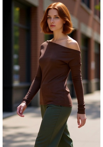 Ersefa Moda Kayık Yaka Örme Slim Çizgili Desen Casual Günlük Regular Uzu Kahverengi