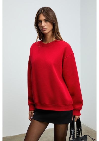 Grımelange KARIUS Kadın Organik Pamuklu İçi Polarlı Oversize Yuvarlak Yakalı Kırmızı Sweatshirt