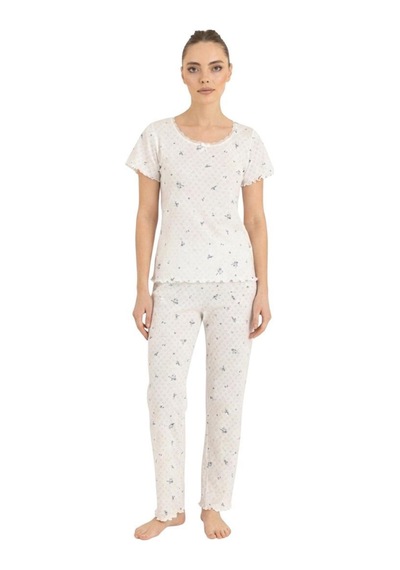 Seamlife Kadın %100 Pamuk Kalp Desenli Kısa Kollu Pijama Takımı 466542 Beyaz