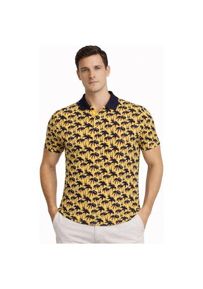 Erkek Pike Kumaş Polo Yaka Palmiye Desenli Tişört Kısa Kol Yazlık T-shirt - Sarı