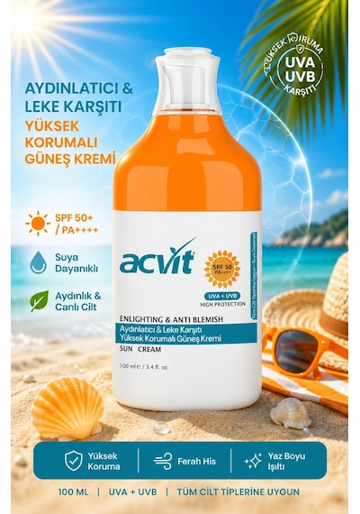 Acvit Aydınlatıcı ve Leke Karşıtı Yüksek Korumalı Güneş Kremi SPF50+ 100 ML