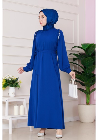 Sevitli Omuzu Taş Detaylı Rose Elbise-saks Mavi-4772 Saks Mavi