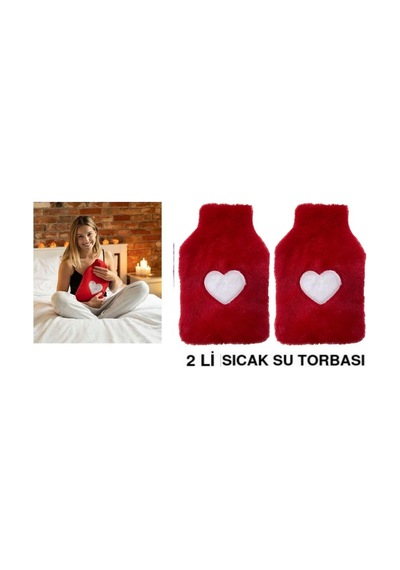2 Adet Sıcak Su Torbası Peluş Kalpli,kırmızı Termofor 27x17x2cm 1 Litre Kırmızı