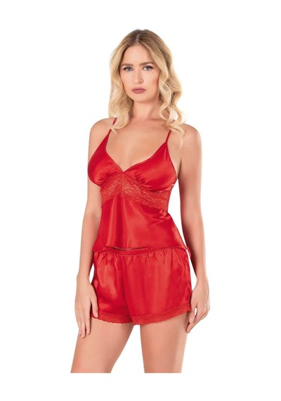 İkikareshop Kırmızı Saten Babydoll Şort Takımı Çok Renkli
