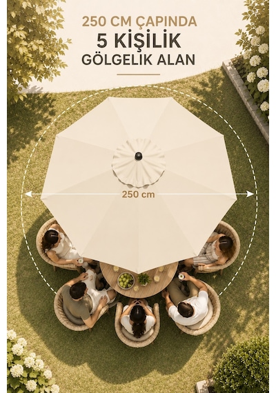 Alubrella Bahçe,güneş Şemsiyesi Krem Renk Yuvarlak 250 Cm Çap/8 Çelik Tel Bidonsuz Antrasit