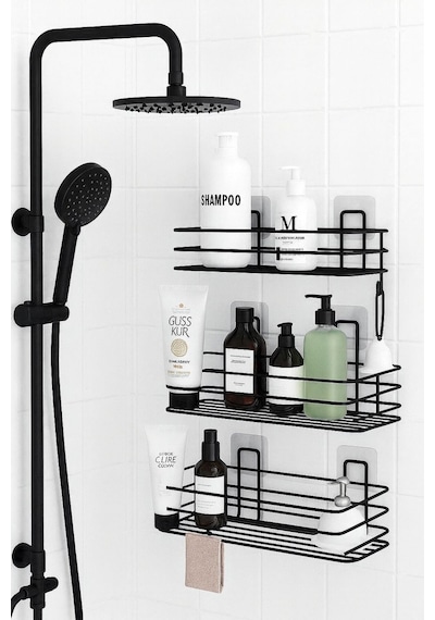 Delmeden Yapıştır 3 Katlı Banyo Duvar Rafı, Şampuan & Duş Organizer, Siyah Siyah
