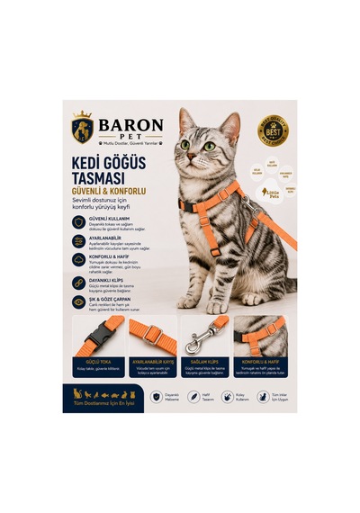 Kedi Göğüs Tasması Ve Gezdirme Kayışı Seti Turuncu Düz Siyah Tokalı Ayarlanabilir