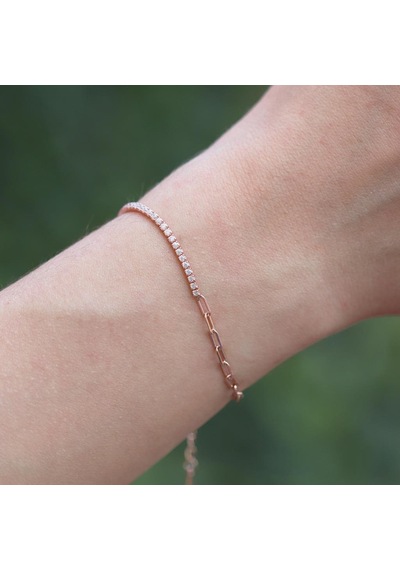 Rose Gold Kaplama Yarım Su Yolu Zincirli Gümüş Bileklik Gümüş