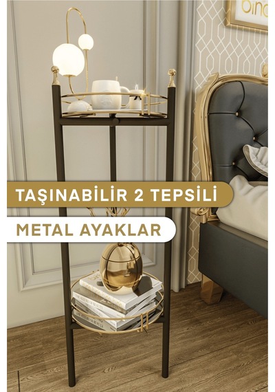 Bino Komodin Dresuar Metal 2 Katli Yatak Odasi 2 Tepsili Duzenleyici Altın - Siyah