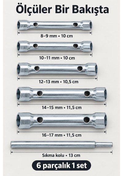 6 Parça Çift Ağızlı Kovan Anahtar Takımı 8-17 Mm Sıkma Kollu Lokma Takımı