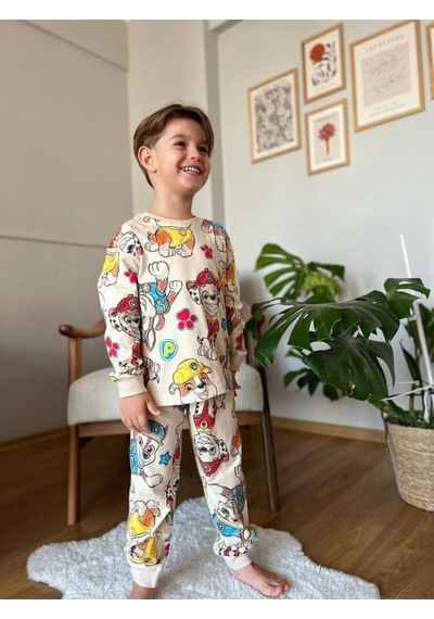 Erkek Çocuk Pamuklu Pijama Takımı Bej
